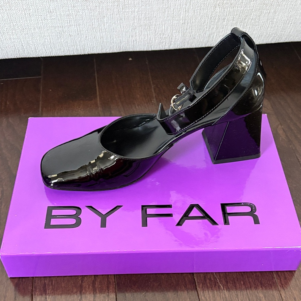 BY FAR Black Patent Mary Jane Block Heel with Ankle Strap